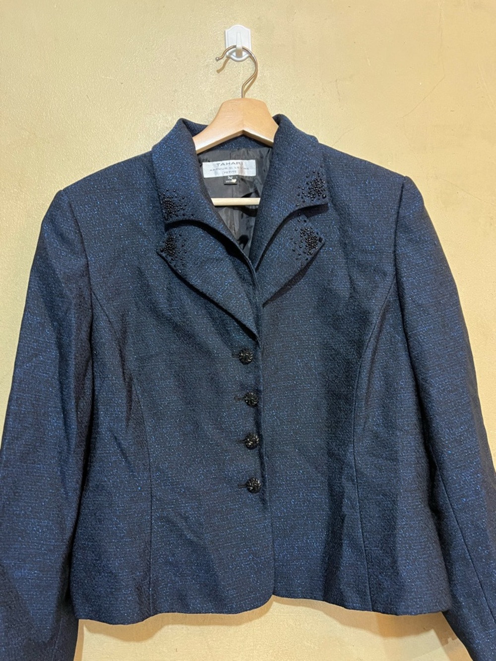Tahari Woman Navy Beaded Notch-Collar Blazer